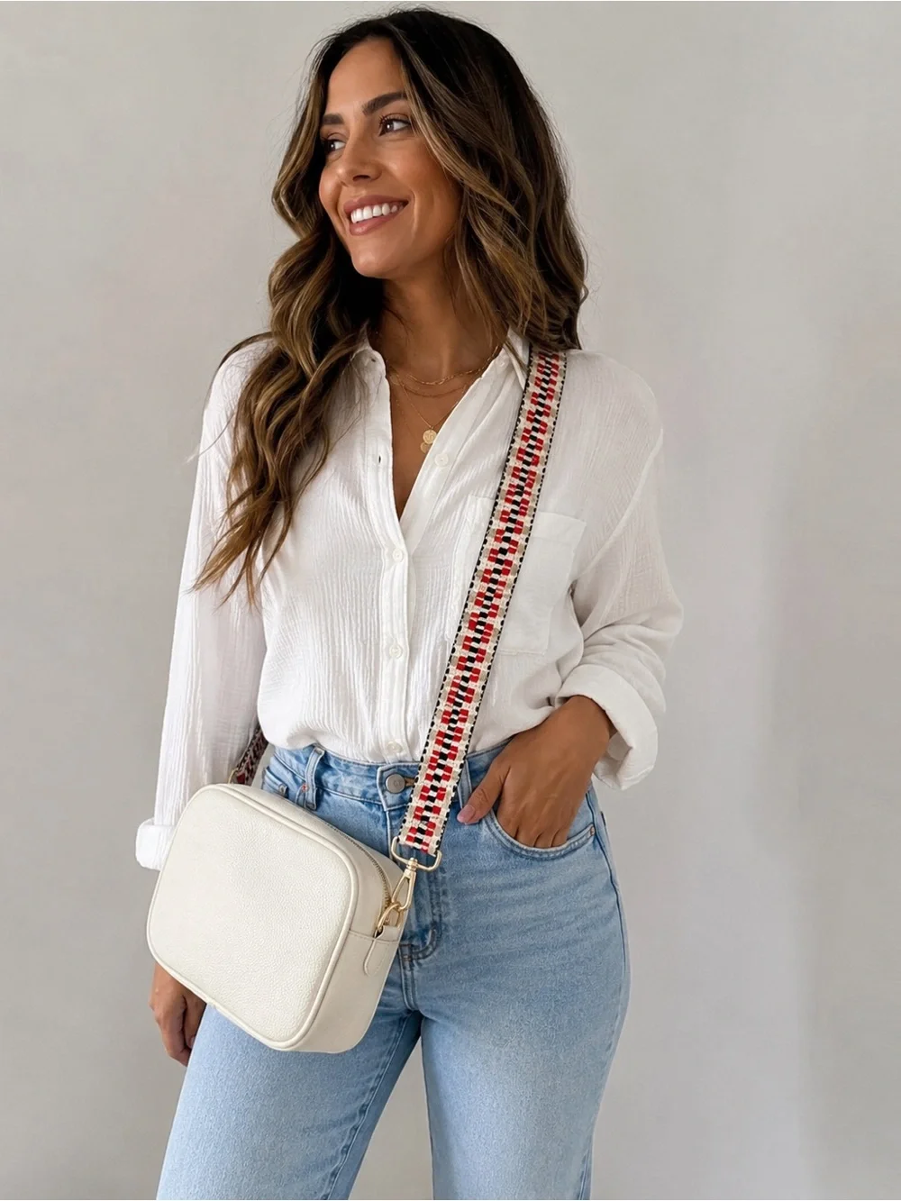 Cream Crossbody Bag with Removable Patterned Strap